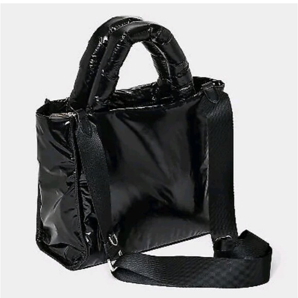 A New Day Black Patent Leather Puffer Midi Boxy Tote Crossbody Handbag -NWT - Picture 3 of 6